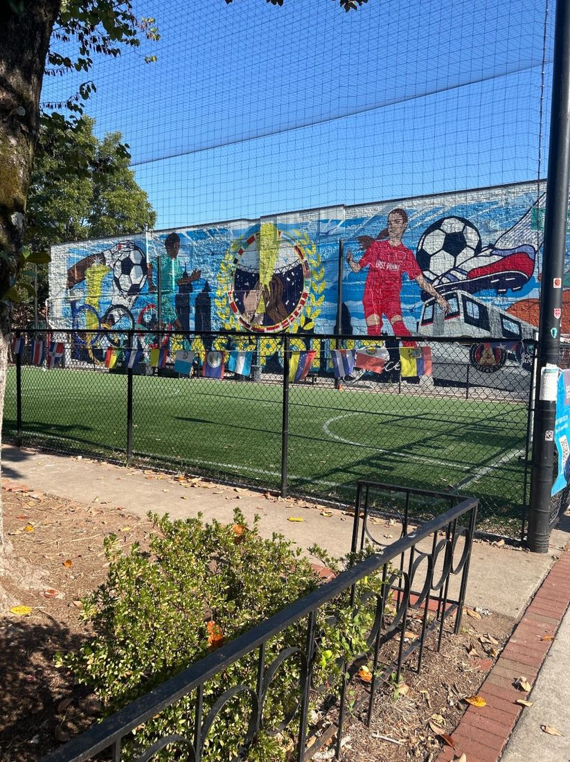 Black chain-link fence and tall ball netting around a turf soccer field