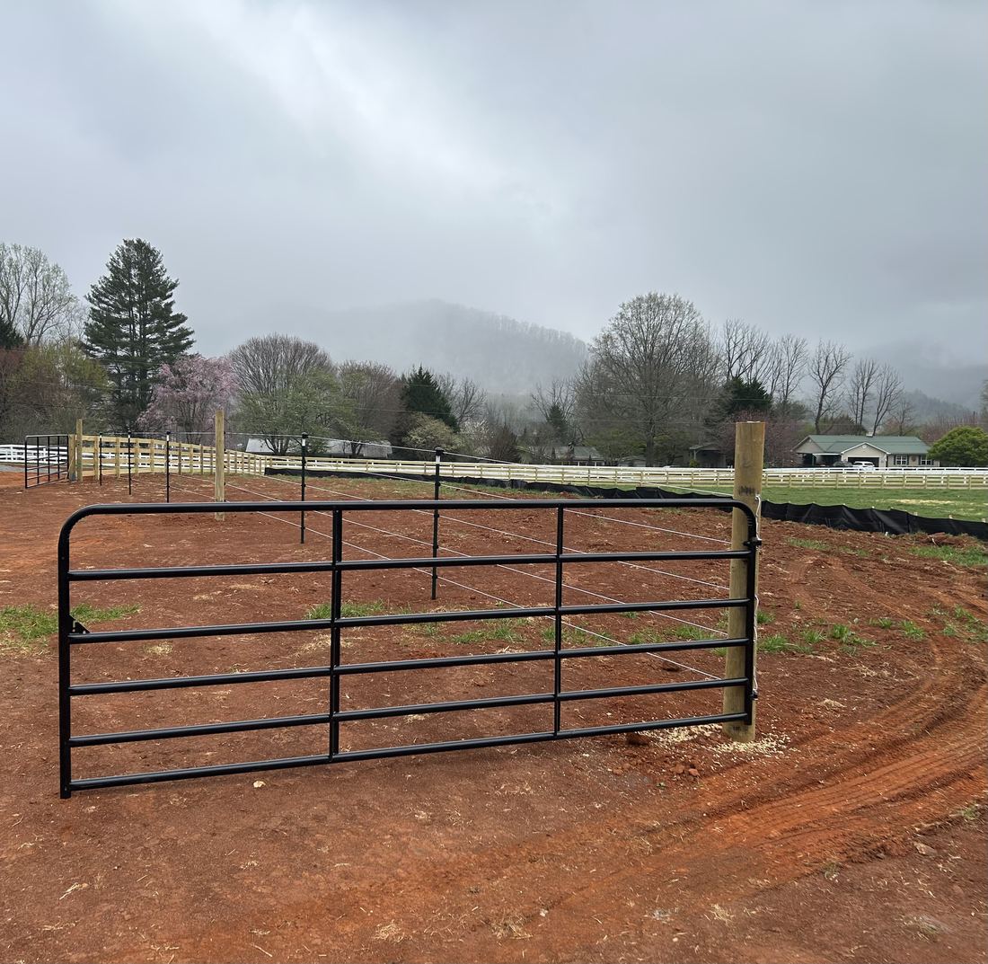 Twelve-foot black steel tube drive gate at a Georgia property