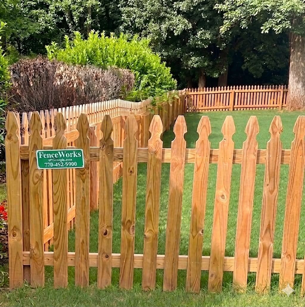 Wood Virginian picket fence with 2-inch spacing and flat-top posts
